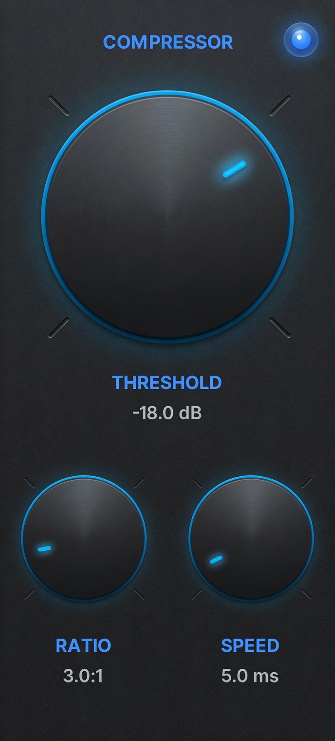 AI Audio Voice Pro Compressor controls — threshold -18dB, ratio 3:1, speed 5ms for voice compression in Final Cut Pro