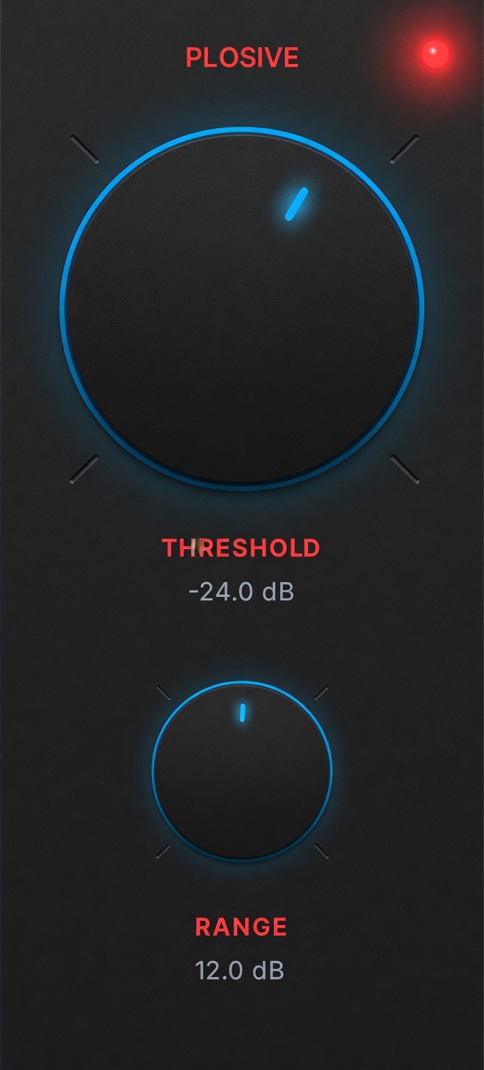AI Audio Voice Pro De-Plosive controls — threshold -24dB and range 12dB for mic pop removal in Final Cut Pro