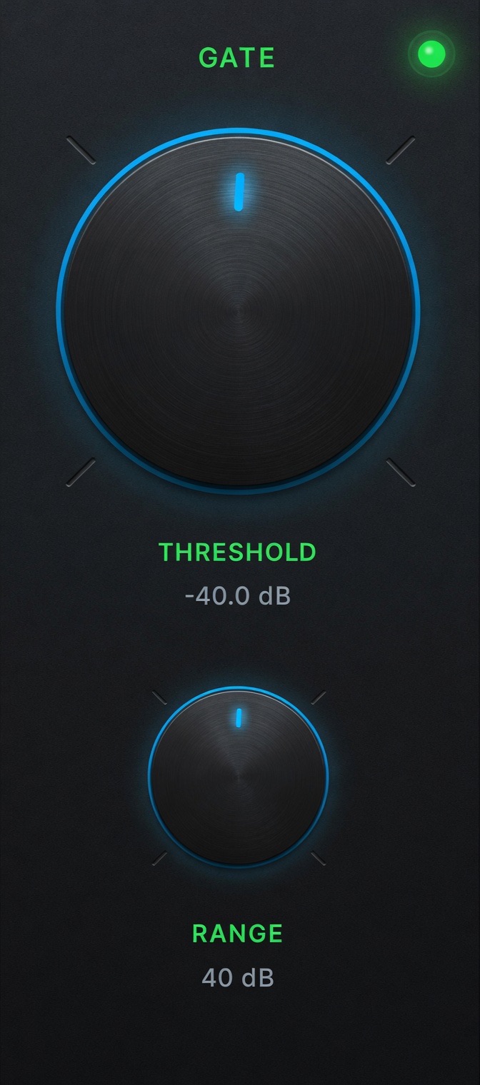 AI Audio Voice Pro Neural Gate controls — threshold -40dB and range 40dB knobs for Final Cut Pro